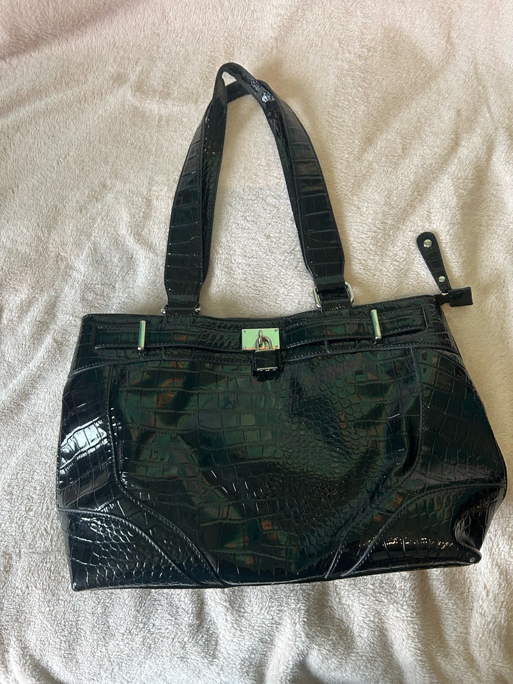 Croc-Embossed Patent Shoulder Bag in Black